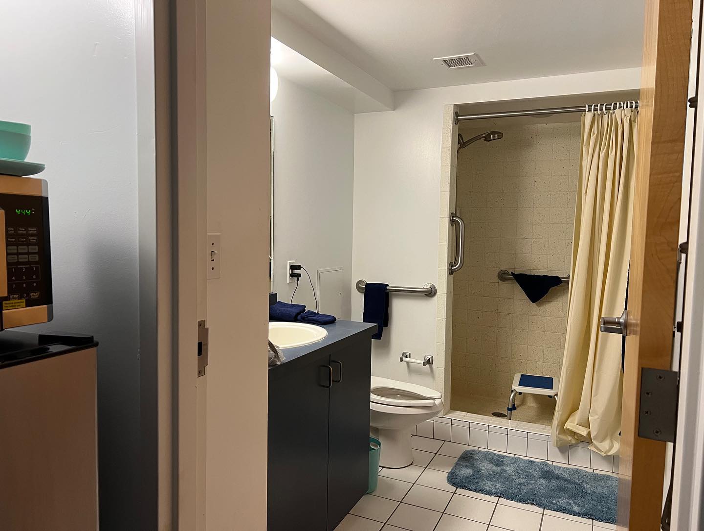 An accessible dorm bathroom with a roll-in tiled shower, stainless steel grab bars, a shower seat, a curtain, and a dark vanity, seen through the open bathroom door.