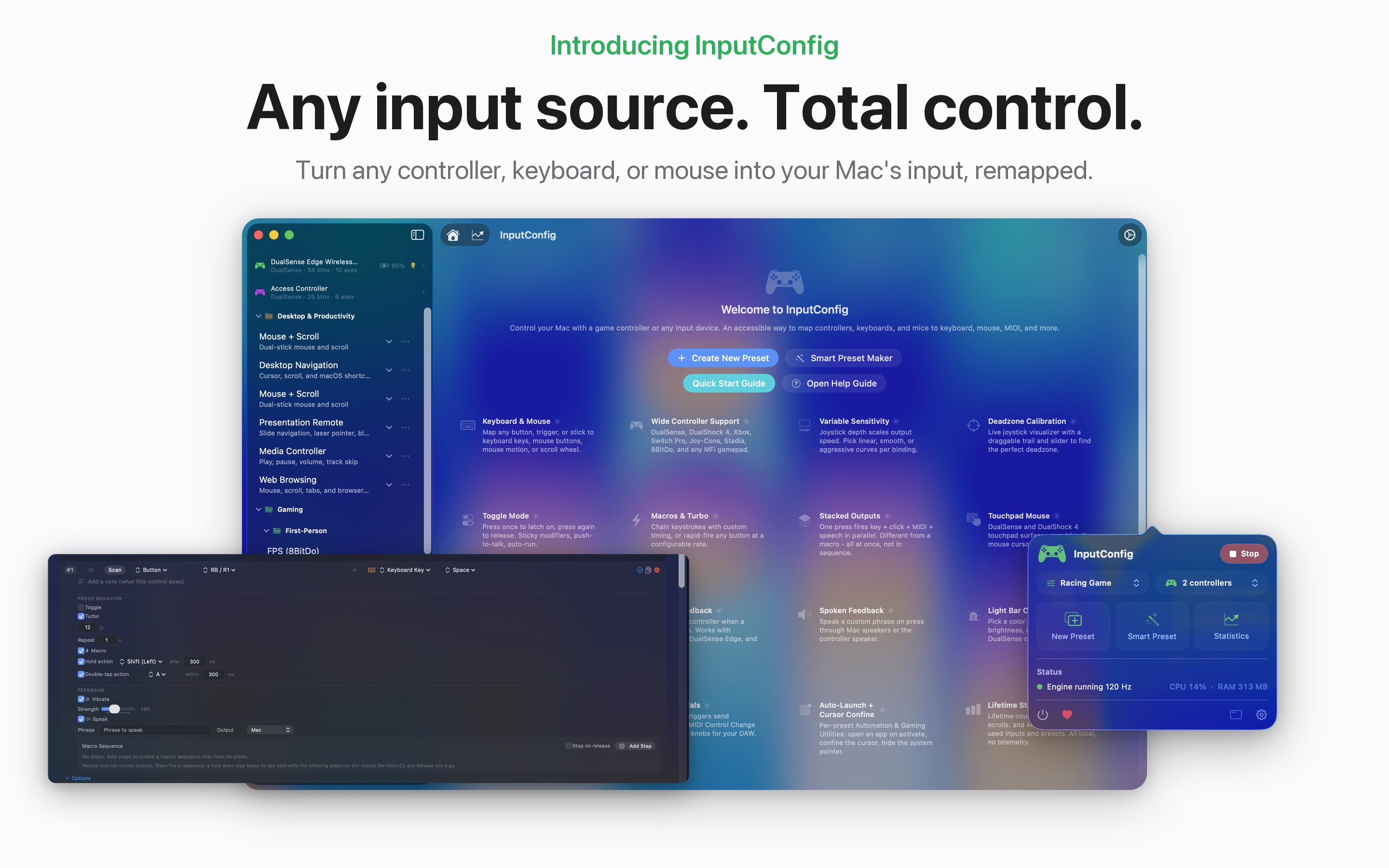 InputConfig on macOS: the welcome screen, bindings editor, and mini controller panel, under the headline Any input source, total control.