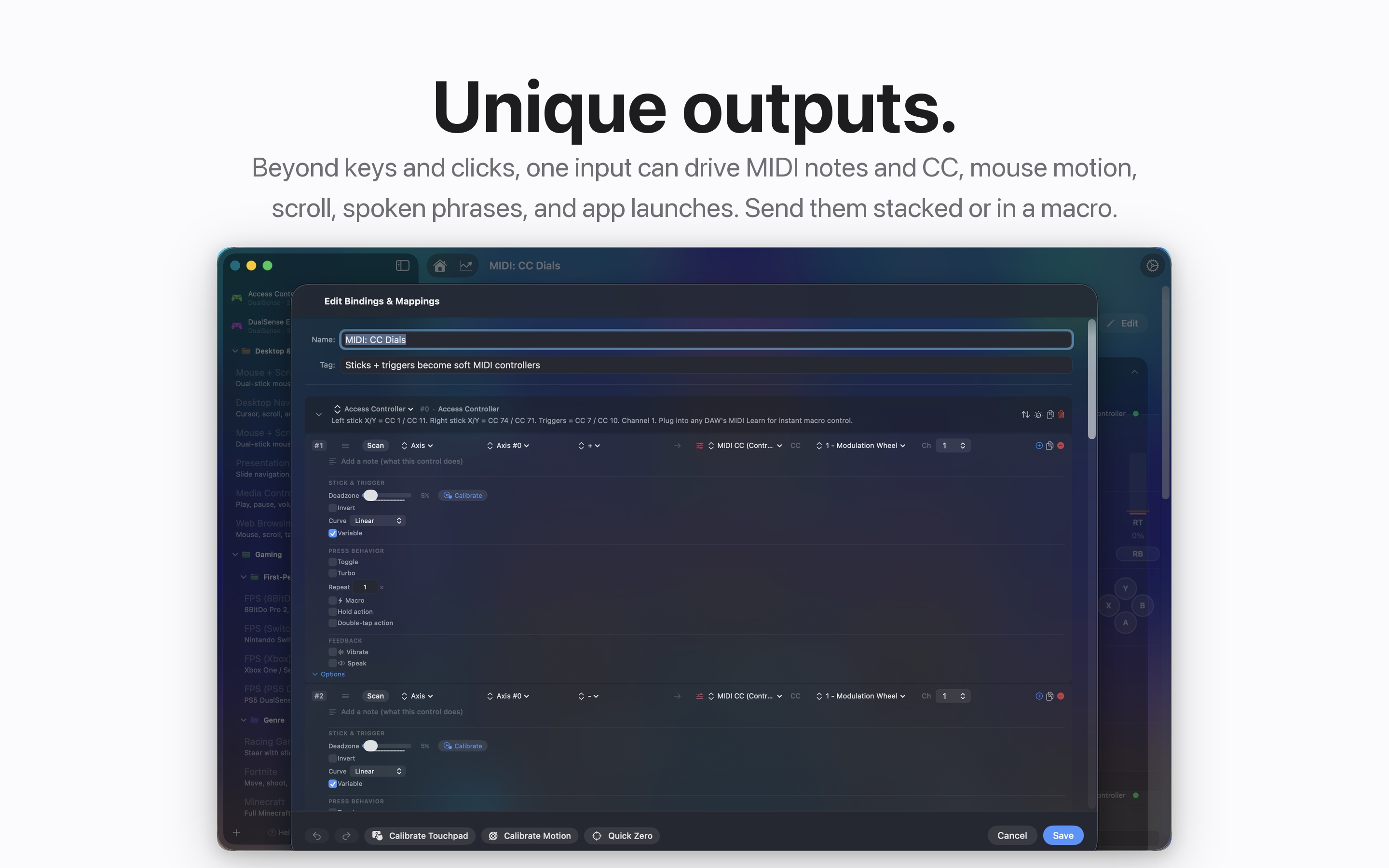 InputConfig output types: MIDI notes and CC, mouse movement, scrolling, macros, and spoken phrases.