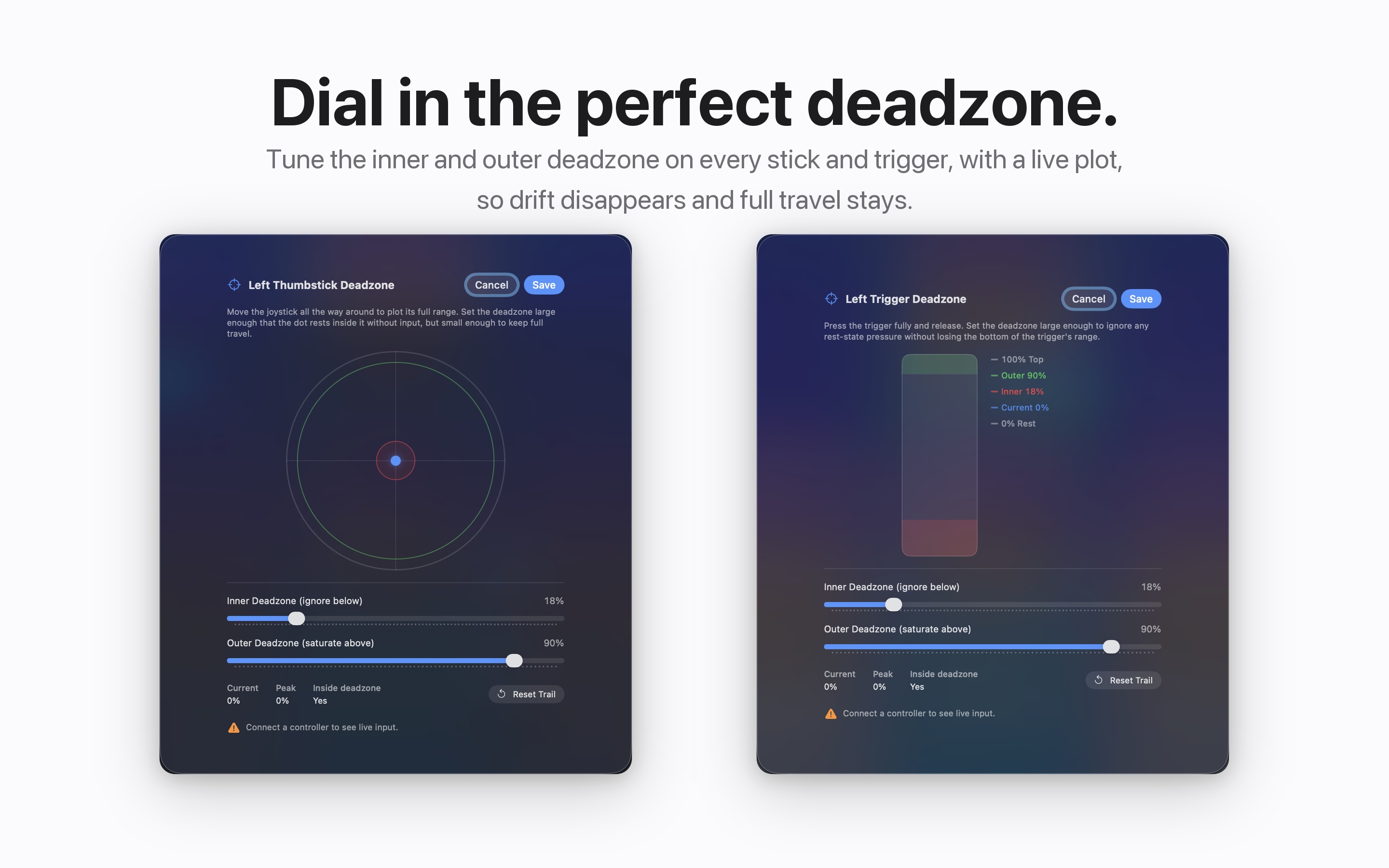 The InputConfig deadzone calibration screen with a live joystick trail and per-stick sliders.