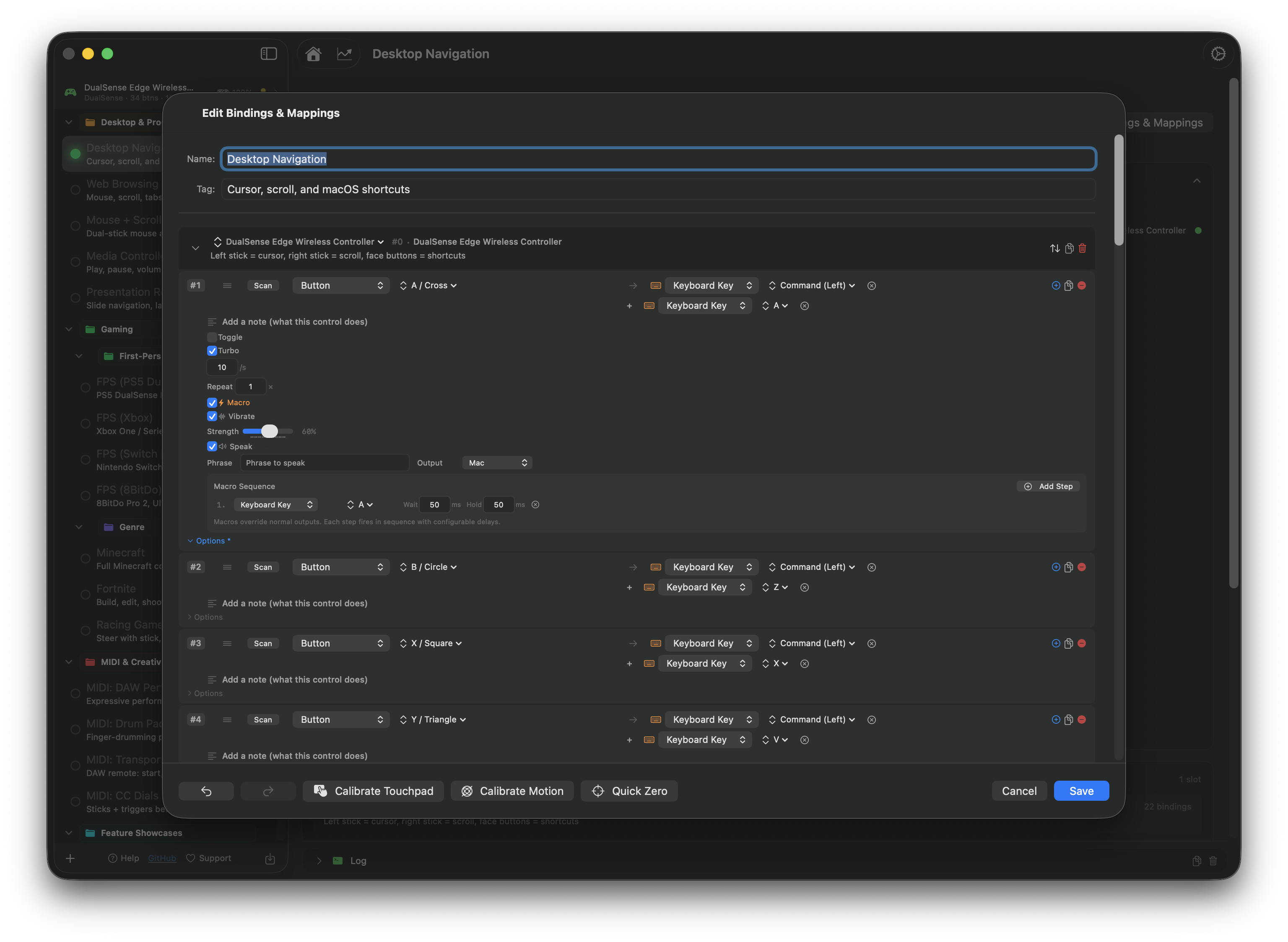 The InputConfig bindings editor, mapping each controller button to keyboard keys, macros, and mouse actions.