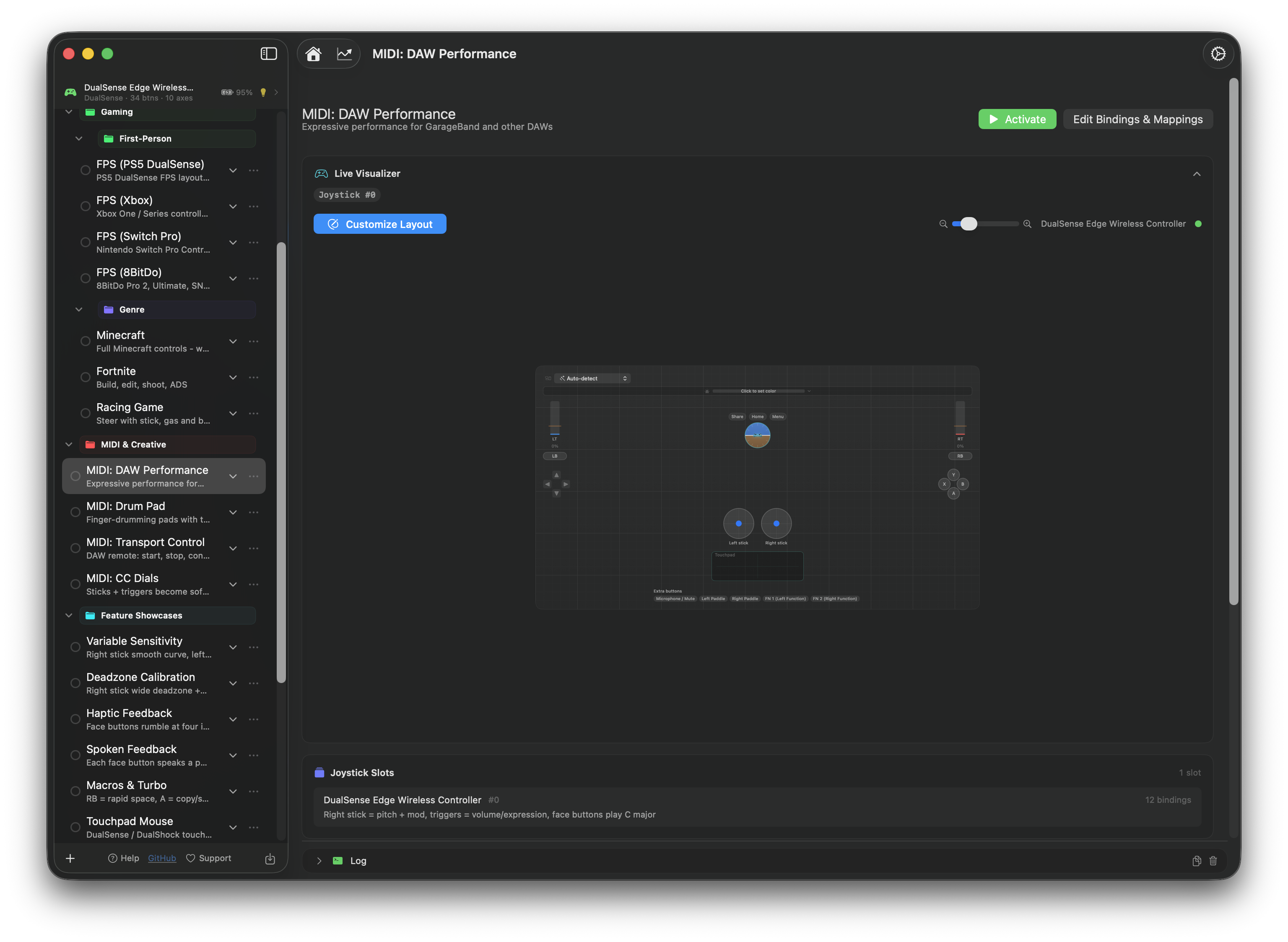 The InputConfig live visualizer with a sidebar of presets for gaming and MIDI.