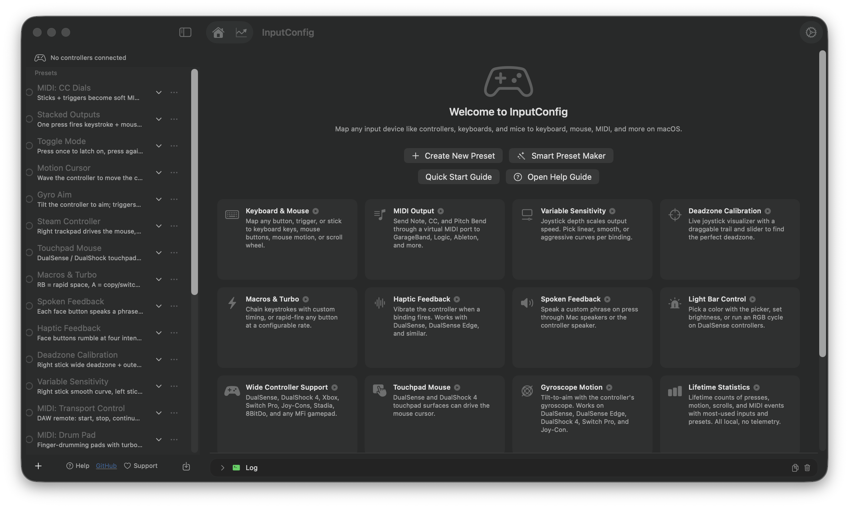 The InputConfig welcome screen on macOS, showing tiles for its many input features.