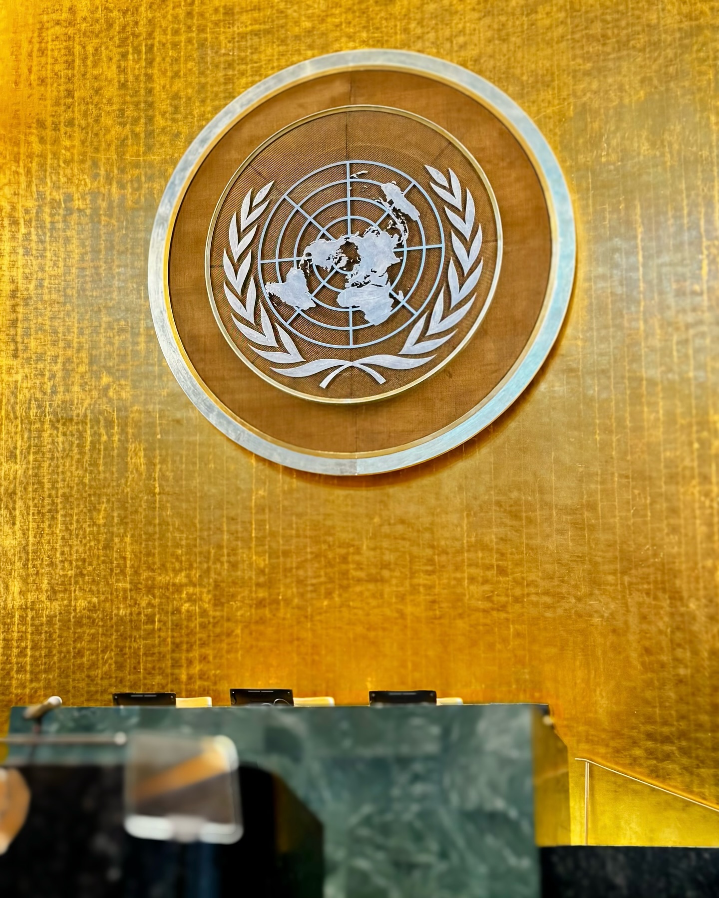 A close-up of the gold United Nations emblem on the wall of the General Assembly Hall, the world map ringed by olive branches against gold.
