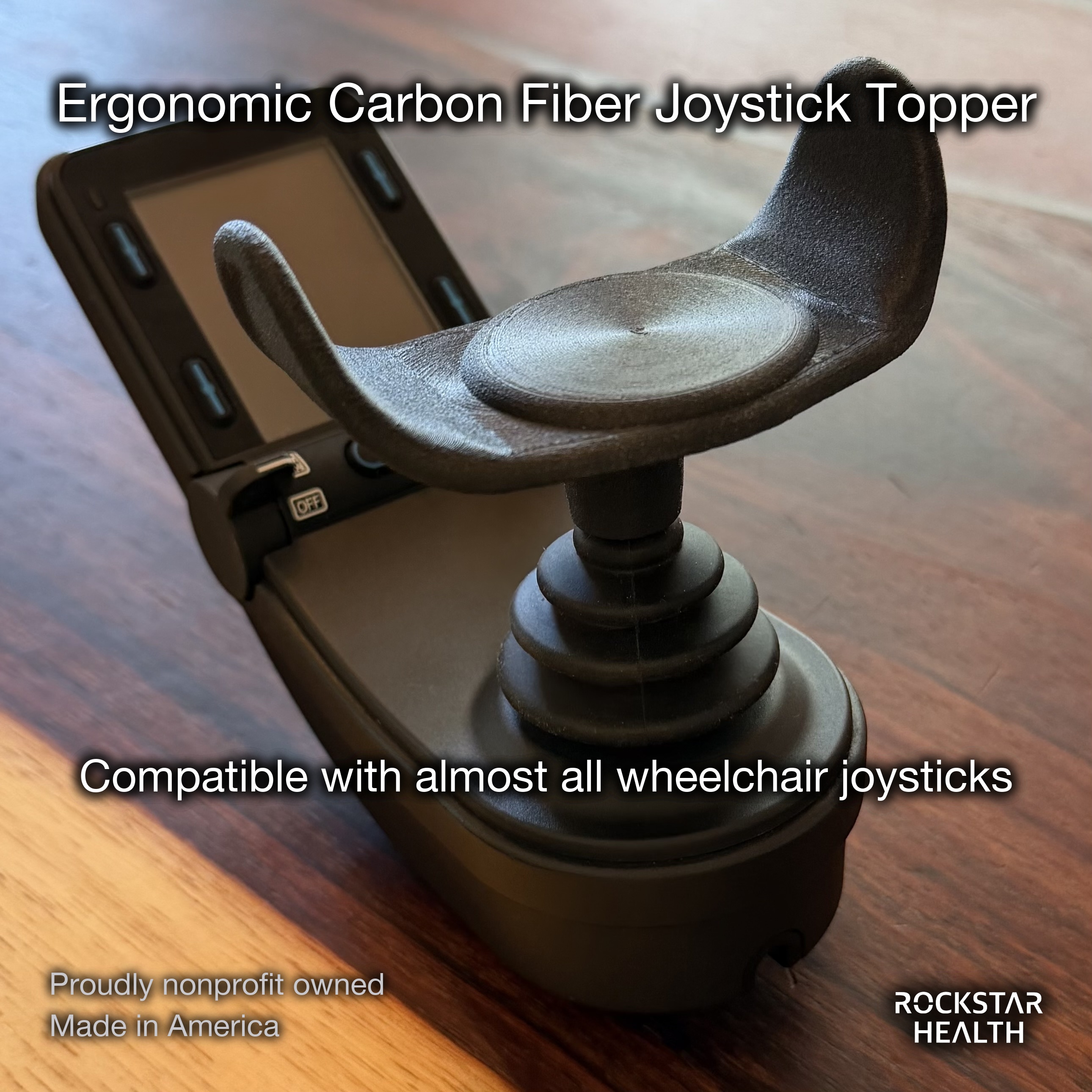 The U-1 topper fitted onto a standard power-wheelchair joystick.