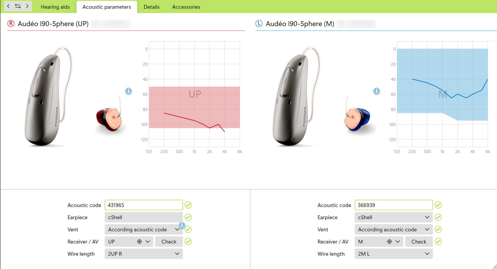 Phonak Target's Instruments, Acoustic parameters screen for two Audéo I90-Sphere hearing aids: the right aid with an Ultra Power (UP) receiver, acoustic code 431965, earpiece cShell, vent according to acoustic code and wire length 2UP R; the left aid with a Medium (M) receiver, acoustic code 366939, cShell and wire length 2M L, each next to a receiver fitting range chart.