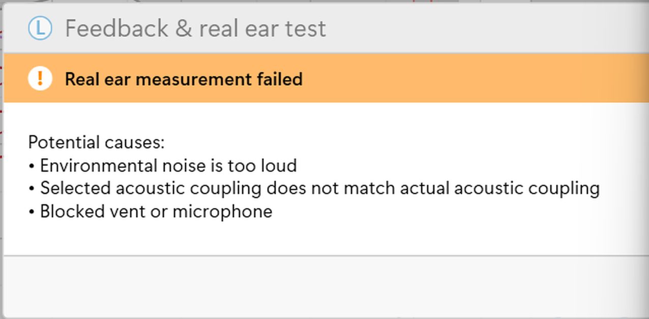 A Phonak Target dialog for the left ear's Feedback and real ear test with an orange banner reading "Real ear measurement failed" and a list of potential causes: environmental noise is too loud, selected acoustic coupling does not match actual acoustic coupling, and blocked vent or microphone.