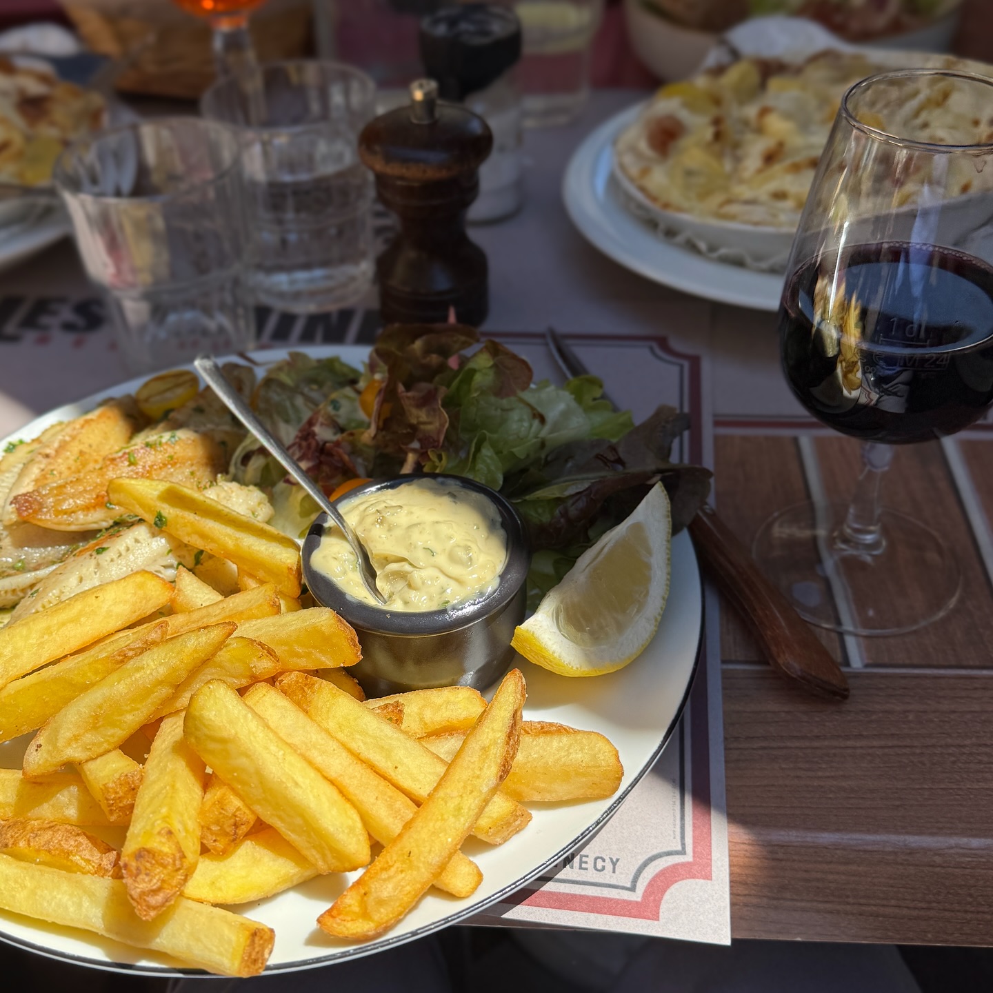 A French lunch at an Annecy cafe table, with thick golden frites, a green salad, a pot of aioli, a lemon wedge, and a glass of red wine.