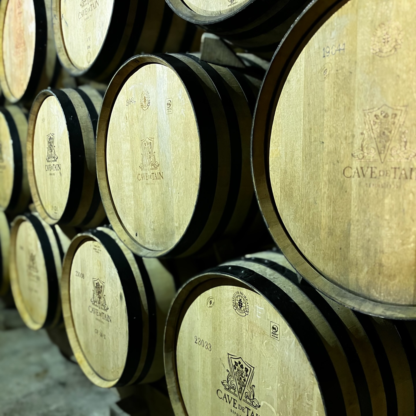 Stacked oak wine barrels at the Cave de Tain, each end branded with the Cave de Tain crest and a vintage number.