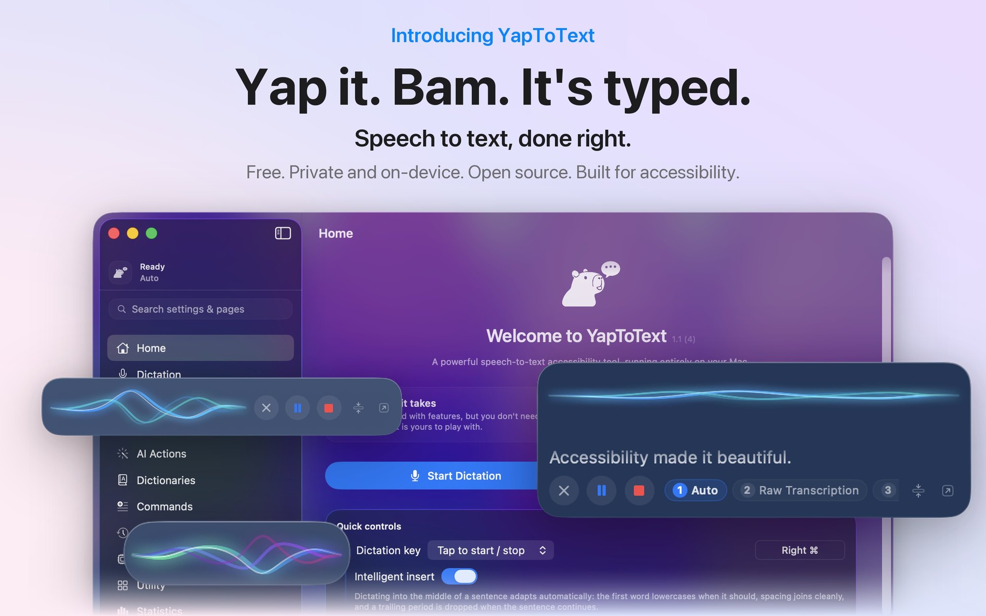 The YapToText dictation panel running on macOS.