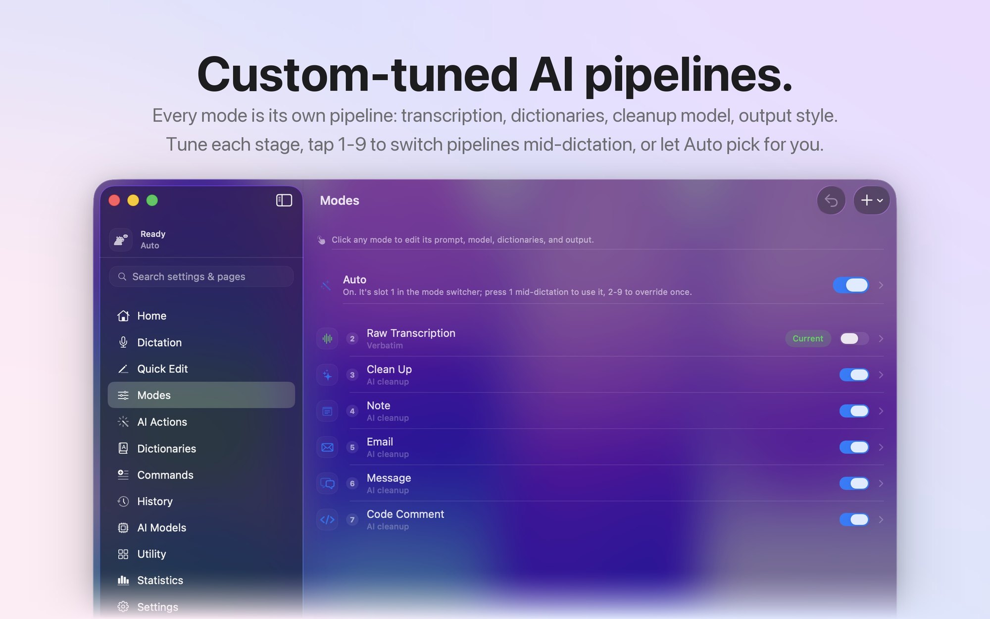 The YapToText pipelines screen showing configurable post-processing modes for different kinds of dictation.